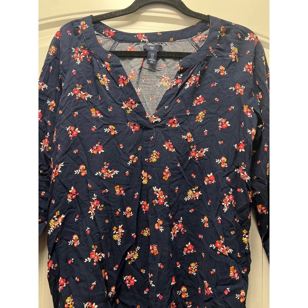 Gap Women’s V-Neck 3/4 Sleeve Floral Print Boho Summer Pullover Top Size M Blue - Picture 3 of 4